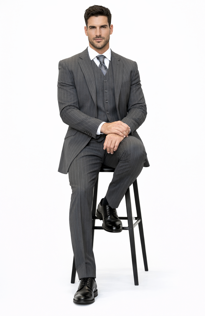 Mens Modern Fit Venetian Gatsby Suit  Charcoal Pinstripe with Vest - Banker Stripe