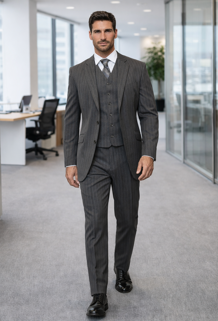 Mens Modern Fit Venetian Gatsby Suit  Charcoal Pinstripe with Vest - Banker Stripe