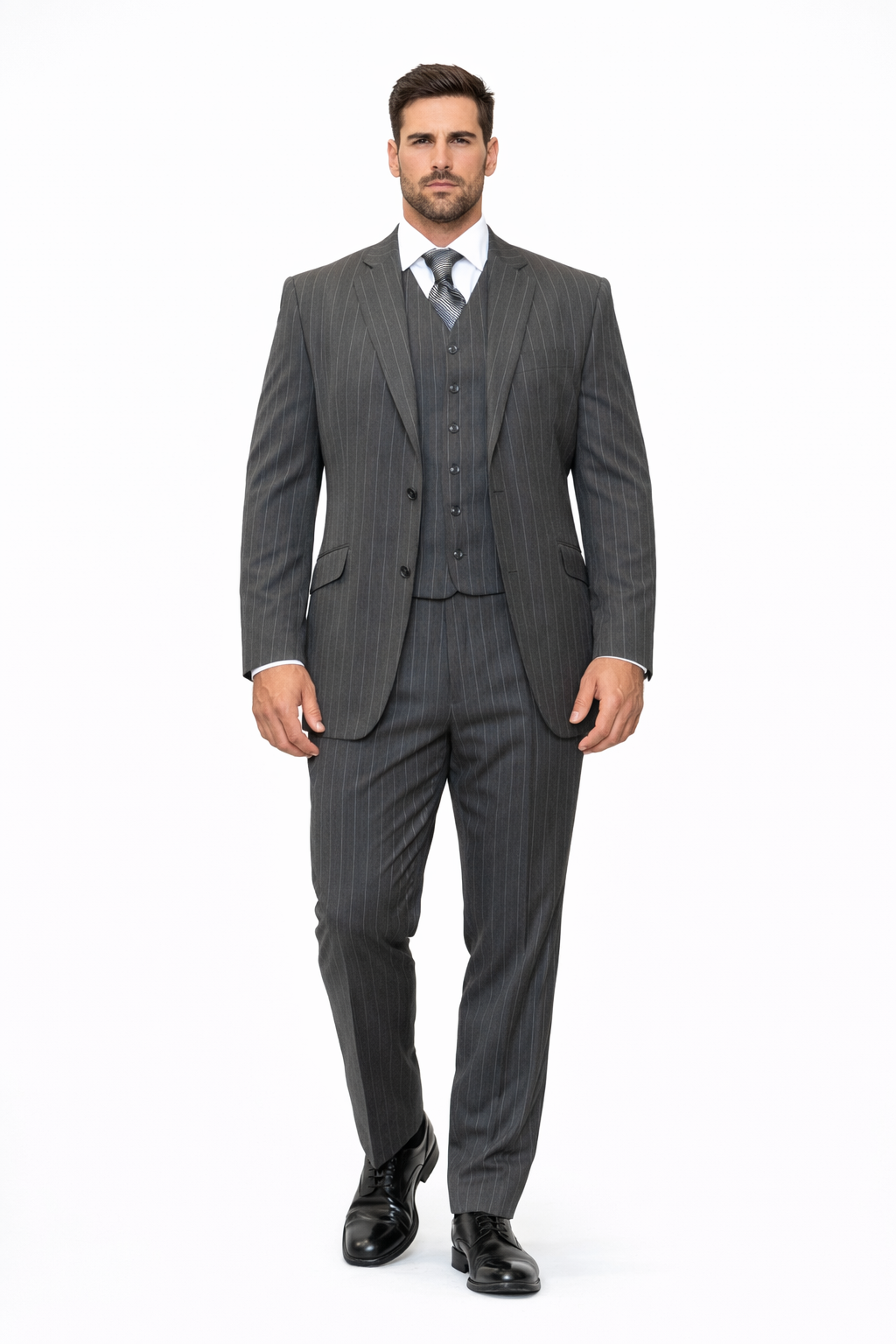 Mens Modern Fit Venetian Gatsby Suit  Charcoal Pinstripe with Vest - Banker Stripe