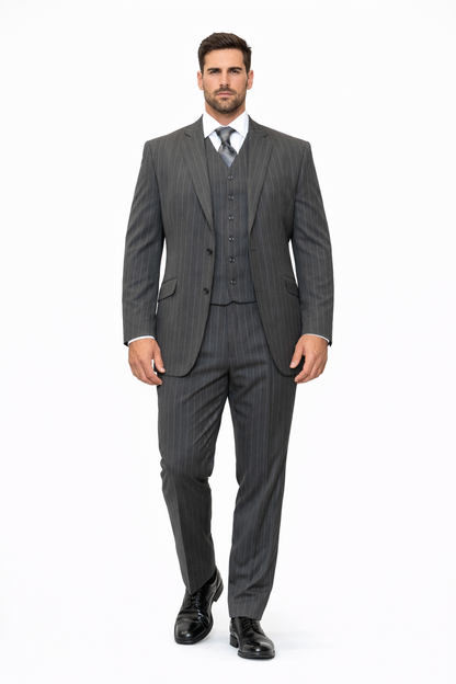 Mens Modern Fit Venetian Gatsby Suit  Charcoal Pinstripe with Vest - Banker Stripe