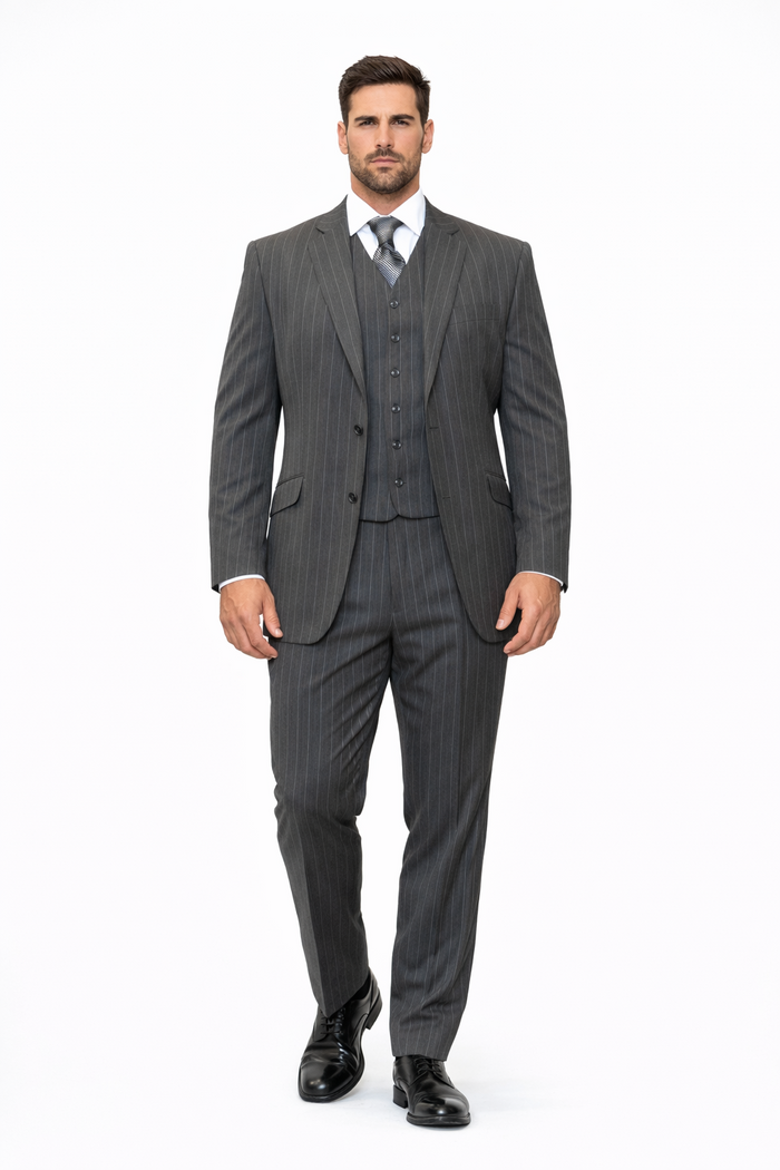 Mens Modern Fit Venetian Gatsby Suit  Charcoal Pinstripe with Vest - Banker Stripe