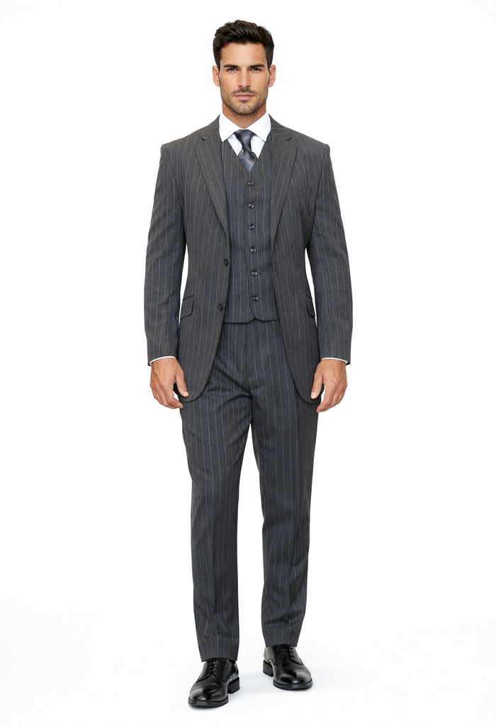 Mens Modern Fit Venetian Gatsby Suit  Charcoal Pinstripe with Vest - Banker Stripe