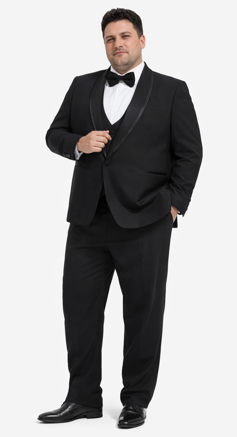 Mens Modern Fit Vested Shawl Tuxedo in Black with Black Trim