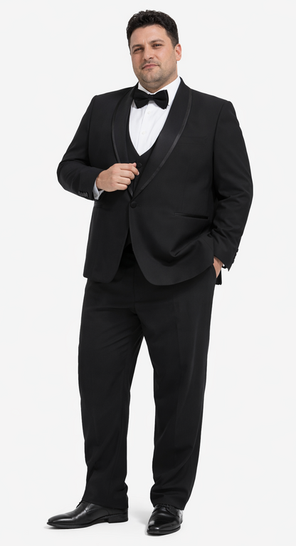 Mens Modern Fit Vested Shawl Tuxedo in Black with Black Trim