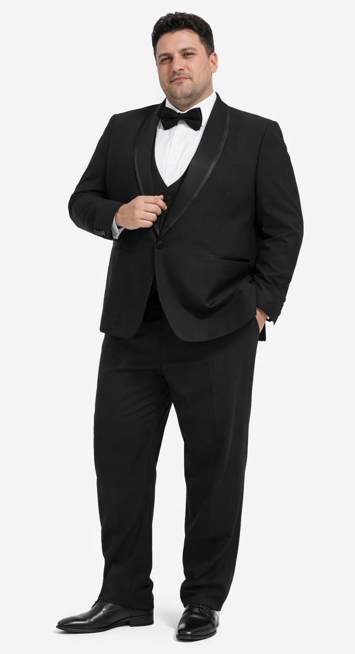 Mens Modern Fit Vested Shawl Tuxedo in Black with Black Trim