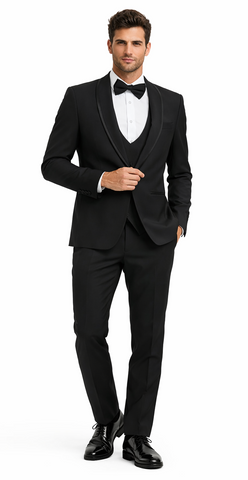 Mens Modern Fit Vested Shawl Tuxedo in Black with Black Trim
