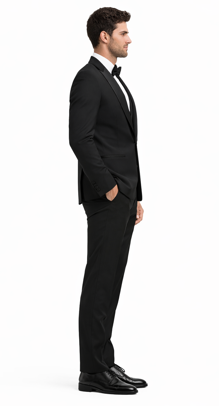 Mens Modern Fit Vested Shawl Tuxedo in Black with Black Trim