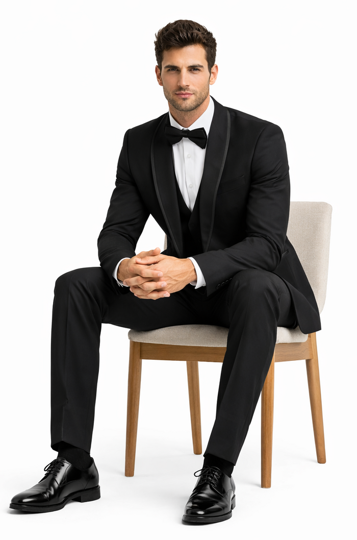 Mens Modern Fit Vested Shawl Tuxedo in Black with Black Trim