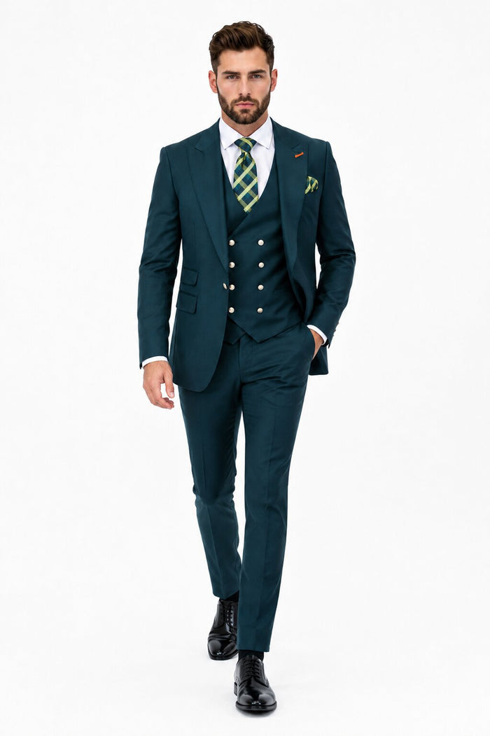 Men's Hunter Statement Ticket Pocket Peak Lapel Wool Double Breasted Vest Suit with Silver Buttons – Modern Fit