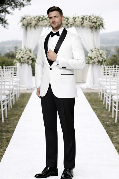 Mens Modern Fit Wool Shawl Tuxedo in White