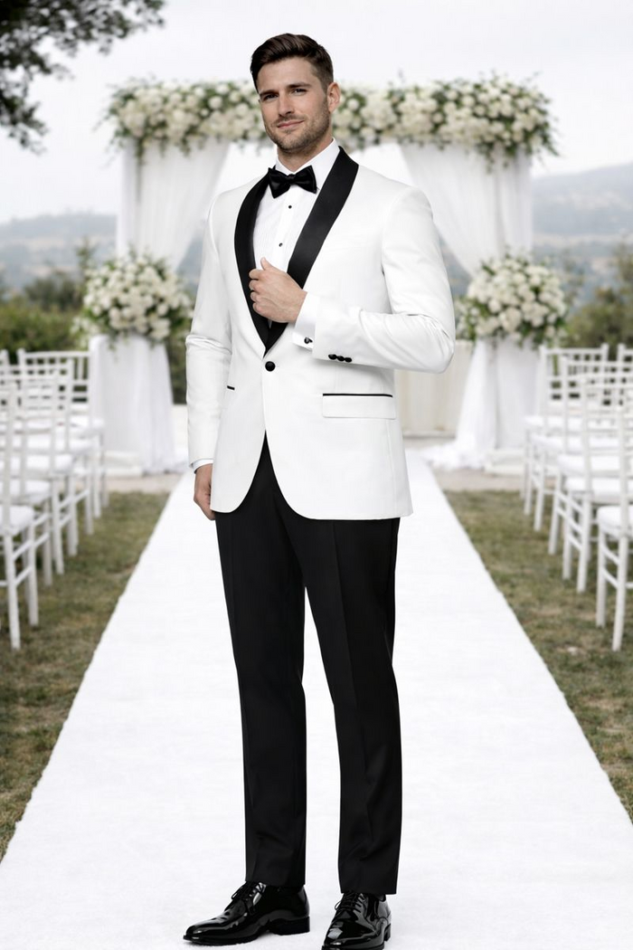 Mens Modern Fit Wool Shawl Tuxedo in White