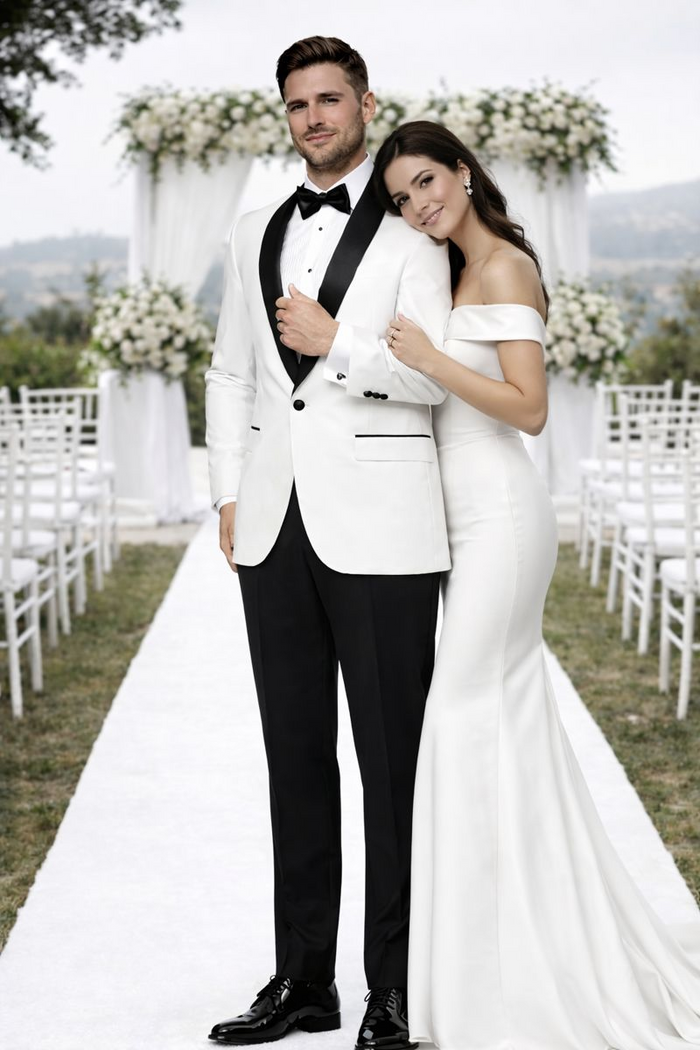 Mens Modern Fit Wool Shawl Tuxedo in White