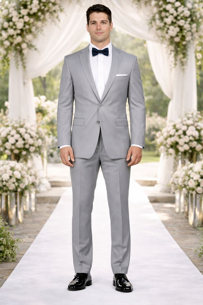 Mens Modern Wool Peak Trim Wedding Tuxedo in Grey