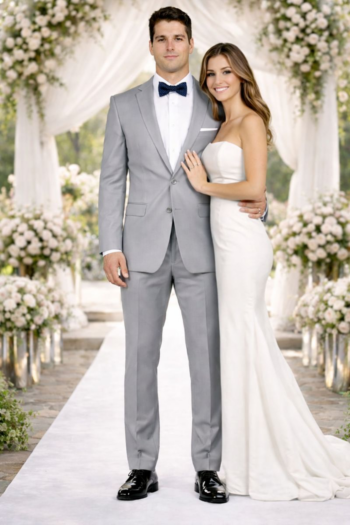 Mens Modern Wool Peak Trim Wedding Tuxedo in Grey