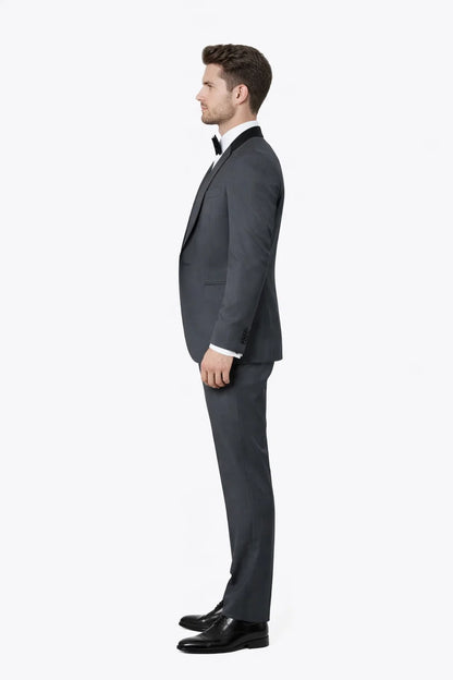 Mens Modern Wool Vested Peak Trim Prom Tuxedo in Charcoal Grey