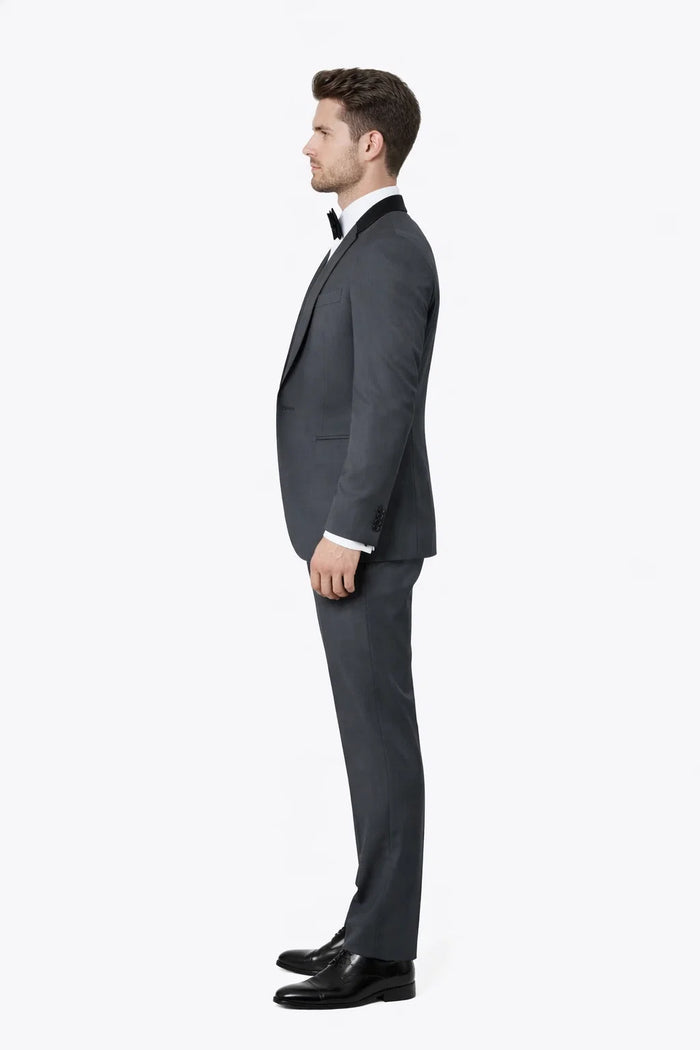 Mens Modern Wool Vested Peak Trim Prom Tuxedo in Charcoal Grey