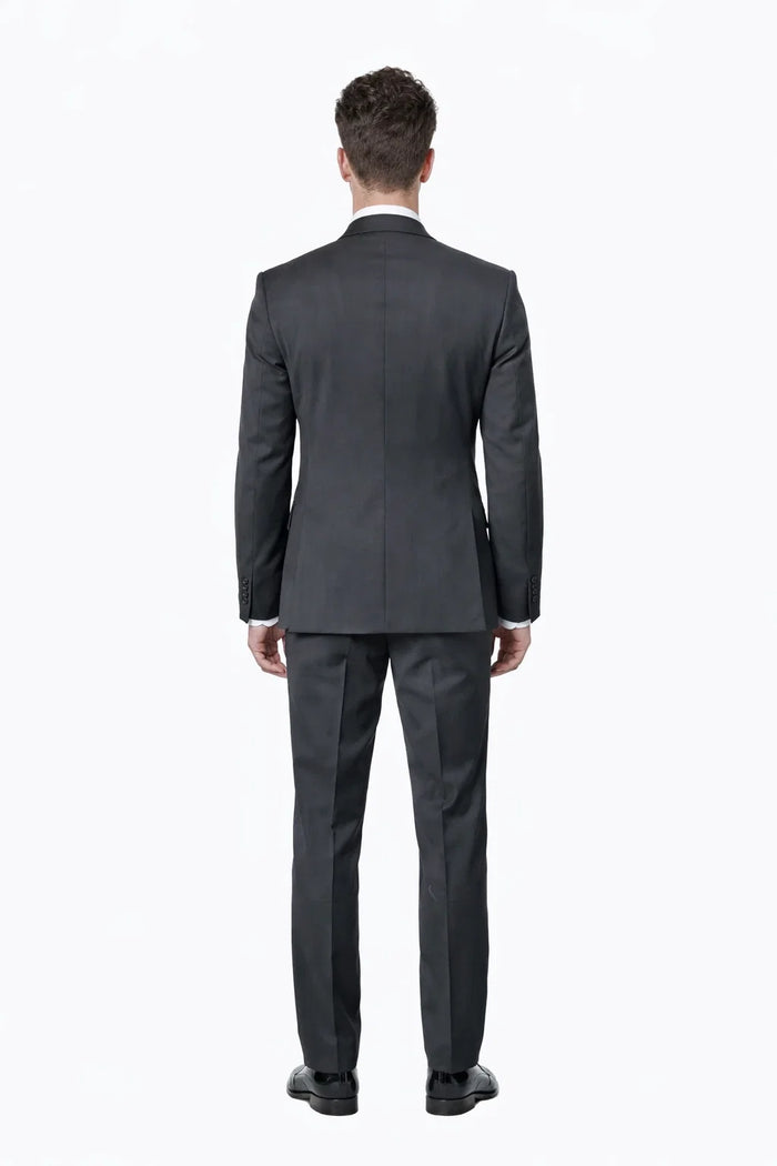 Mens Modern Wool Vested Peak Trim Prom Tuxedo in Charcoal Grey