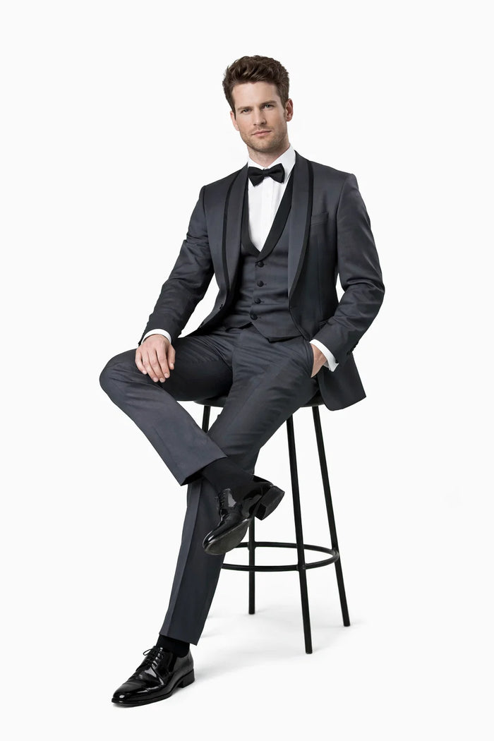 Mens Modern Wool Vested Peak Trim Prom Tuxedo in Charcoal Grey