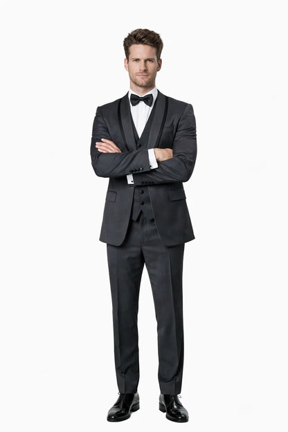 Mens Modern Wool Vested Peak Trim Prom Tuxedo in Charcoal Grey