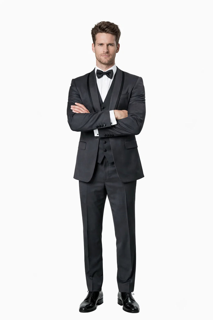 Mens Modern Wool Vested Peak Trim Prom Tuxedo in Charcoal Grey