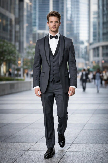Mens Modern Wool Vested Peak Trim Prom Tuxedo in Charcoal Grey