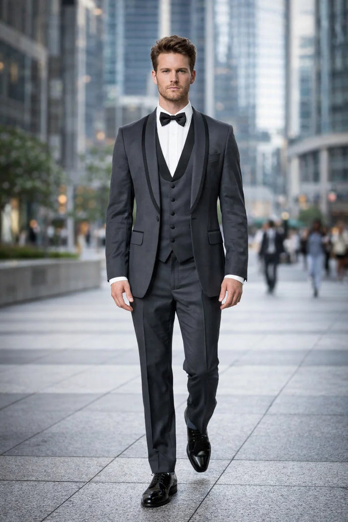 Mens Modern Wool Vested Peak Trim Prom Tuxedo in Charcoal Grey