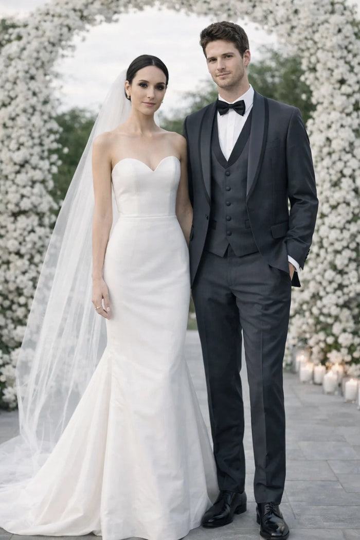 Mens Modern Wool Vested Peak Trim Prom Tuxedo in Charcoal Grey