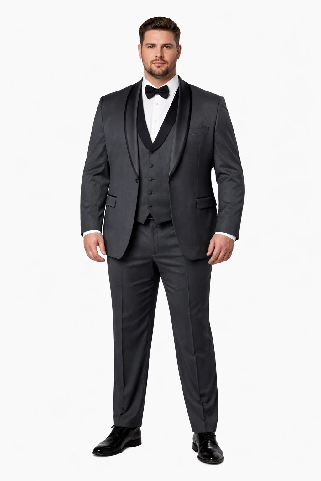 Mens Modern Wool Vested Peak Trim Prom Tuxedo in Charcoal Grey