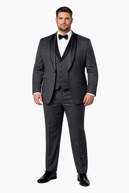 Mens Modern Wool Vested Peak Trim Prom Tuxedo in Charcoal Grey