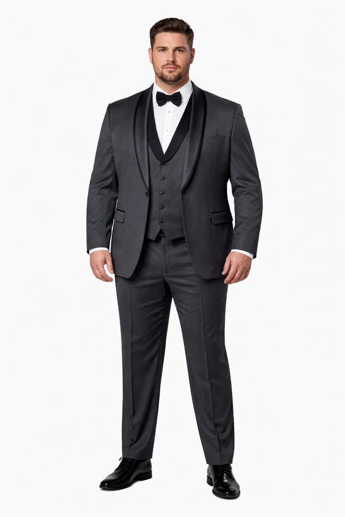 Mens Modern Wool Vested Peak Trim Prom Tuxedo in Charcoal Grey