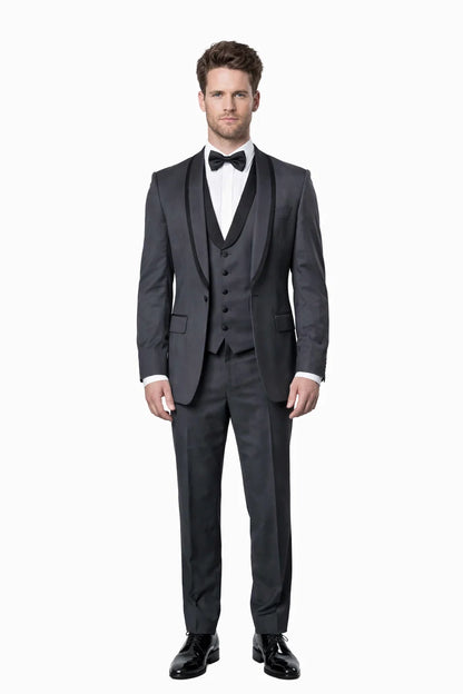 Mens Modern Wool Vested Peak Trim Prom Tuxedo in Charcoal Grey