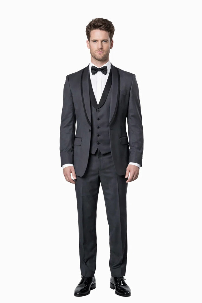 Mens Modern Wool Vested Peak Trim Prom Tuxedo in Charcoal Grey