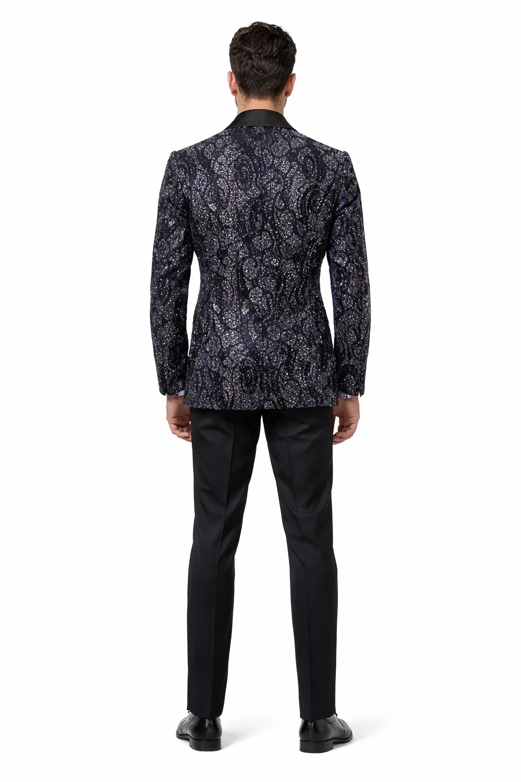 Mens Navy Black Glitter Floral Tuxedo Dinner Jacket with Satin Lapel- Blue Blazer Sequin Fabric
