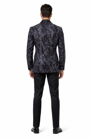 Mens Navy Black Glitter Floral Tuxedo Dinner Jacket with Satin Lapel- Blue Blazer Sequin Fabric