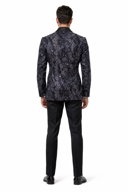 Mens Navy Black Glitter Floral Tuxedo Dinner Jacket with Satin Lapel- Blue Blazer Sequin Fabric