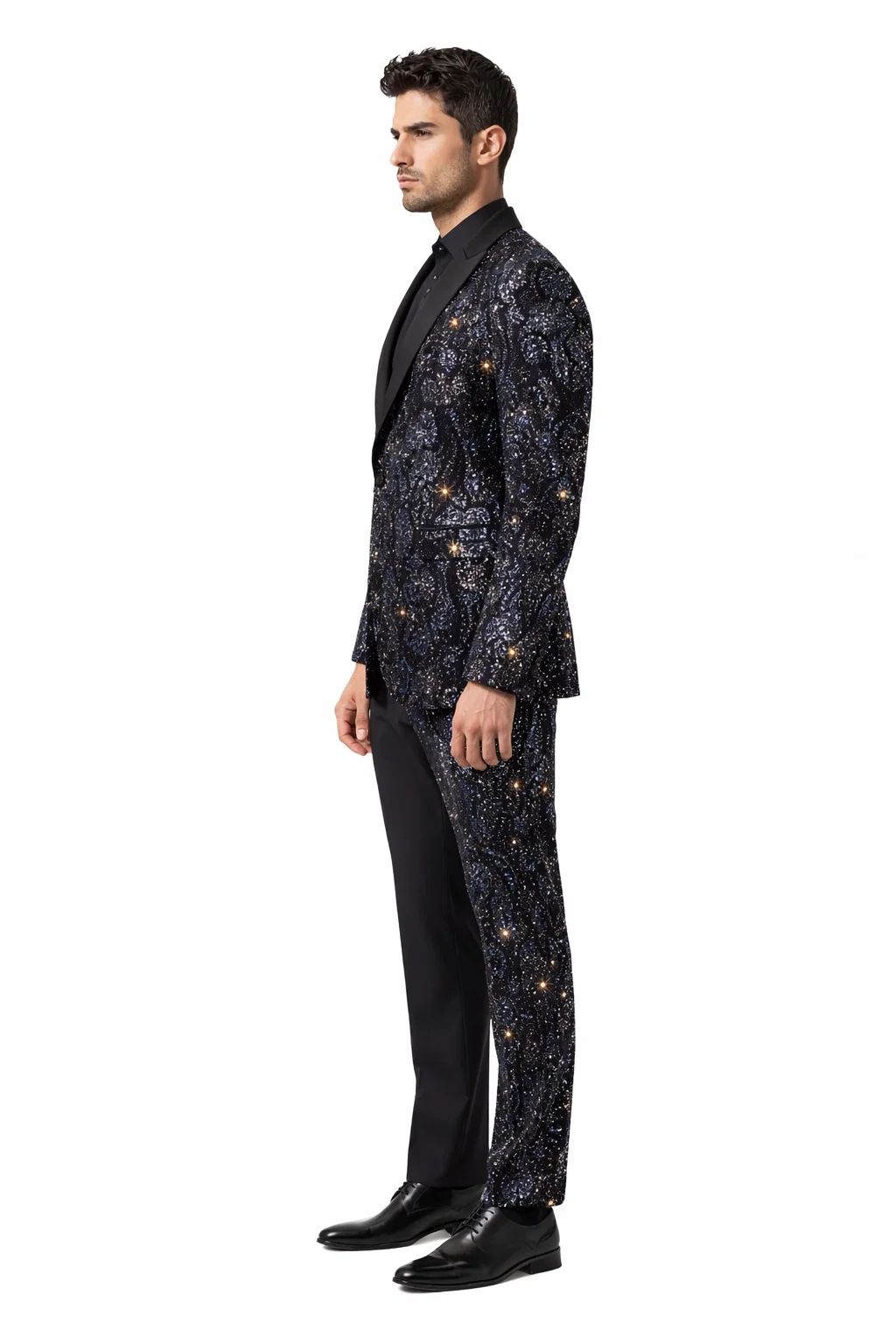 Mens Navy Black Glitter Floral Tuxedo Dinner Jacket with Satin Lapel- Blue Blazer Sequin Fabric