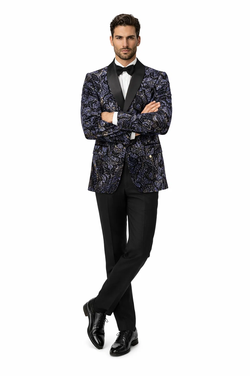 Mens Navy Black Glitter Floral Tuxedo Dinner Jacket with Satin Lapel- Blue Blazer Sequin Fabric