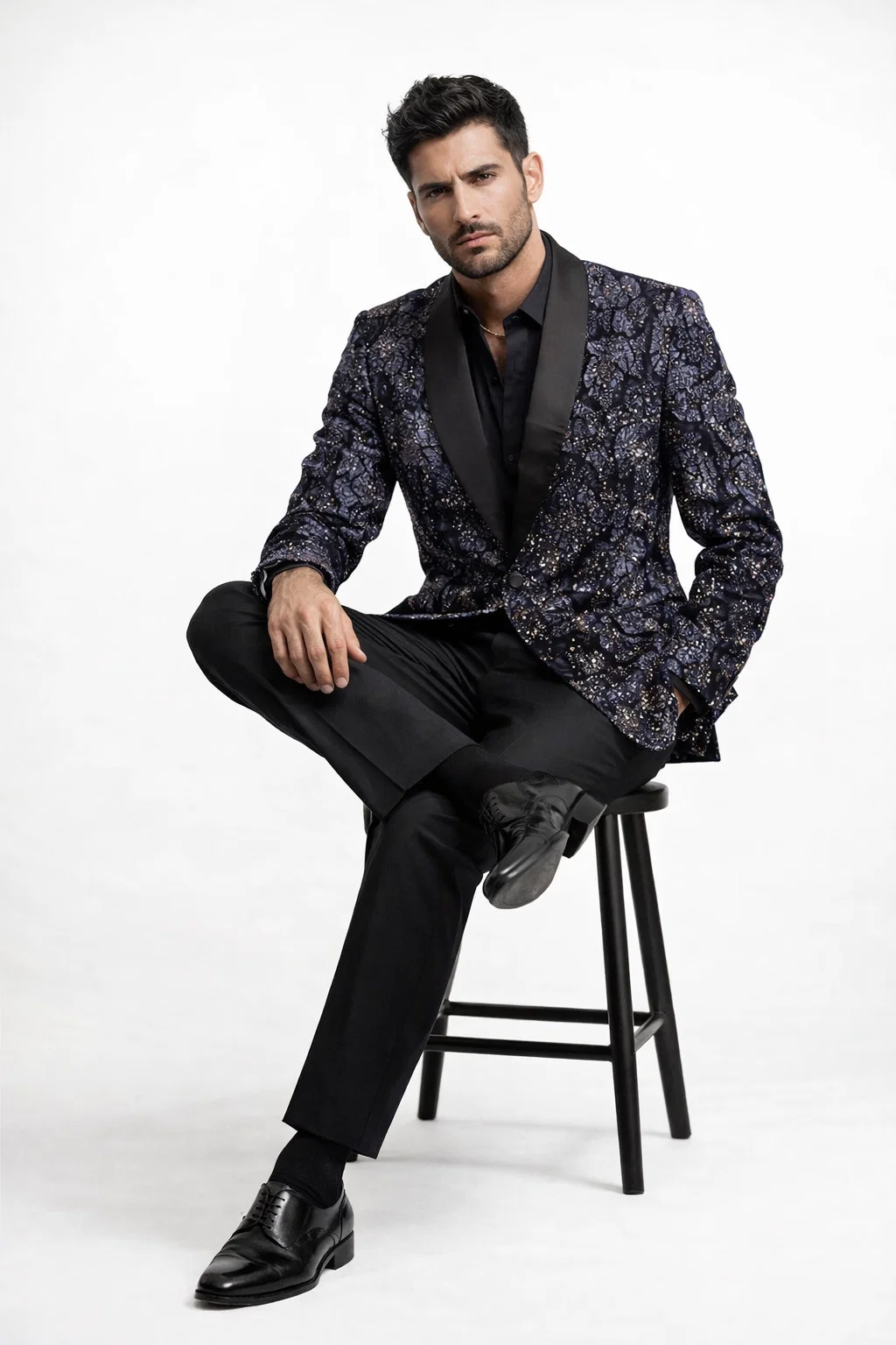 Mens Navy Black Glitter Floral Tuxedo Dinner Jacket with Satin Lapel- Blue Blazer Sequin Fabric