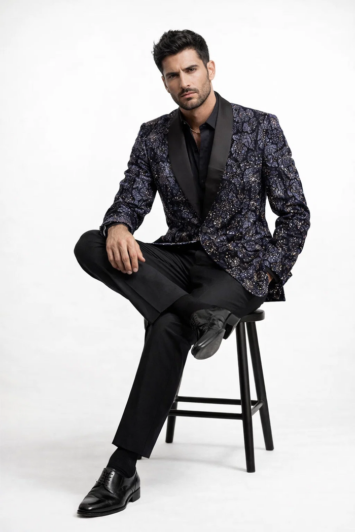 Mens Navy Black Glitter Floral Tuxedo Dinner Jacket with Satin Lapel- Blue Blazer Sequin Fabric