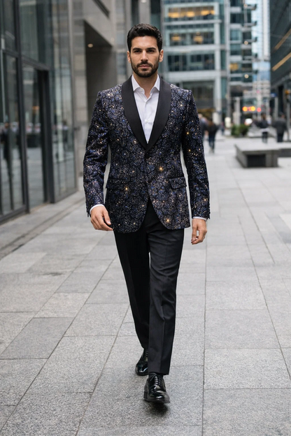 Mens Navy Black Glitter Floral Tuxedo Dinner Jacket with Satin Lapel- Blue Blazer Sequin Fabric