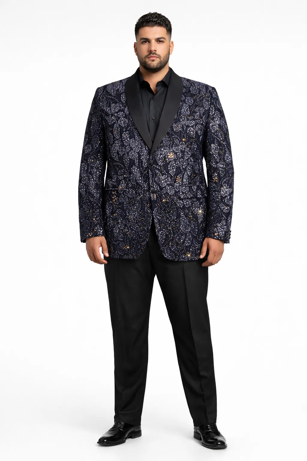 Mens Navy Black Glitter Floral Tuxedo Dinner Jacket with Satin Lapel- Blue Blazer Sequin Fabric