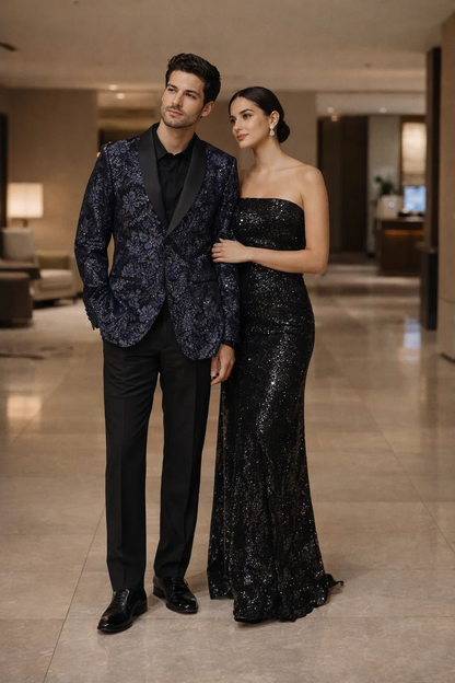 Mens Navy Black Glitter Floral Tuxedo Dinner Jacket with Satin Lapel- Blue Blazer Sequin Fabric