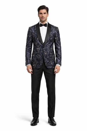 Mens Navy Black Glitter Floral Tuxedo Dinner Jacket with Satin Lapel- Blue Blazer Sequin Fabric