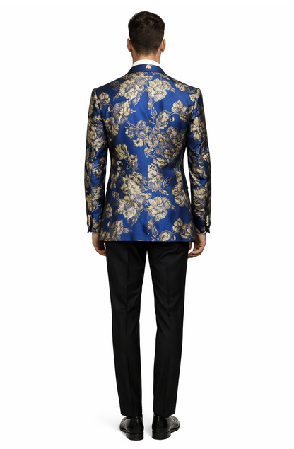 Mens Navy Blue and Gold Floral Tuxedo Jacket  Luxury Slim Fit Blazer with Gold Pattern Paisley Pattern Matching Bowtie