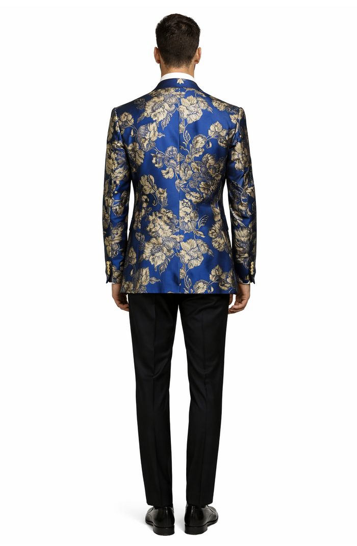Mens Navy Blue and Gold Floral Tuxedo Jacket  Luxury Slim Fit Blazer with Gold Pattern Paisley Pattern Matching Bowtie