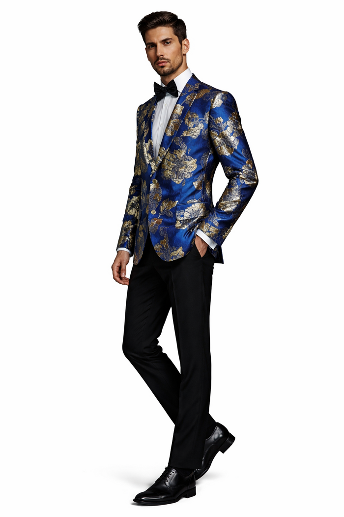 Mens Navy Blue and Gold Floral Tuxedo Jacket  Luxury Slim Fit Blazer with Gold Pattern Paisley Pattern Matching Bowtie