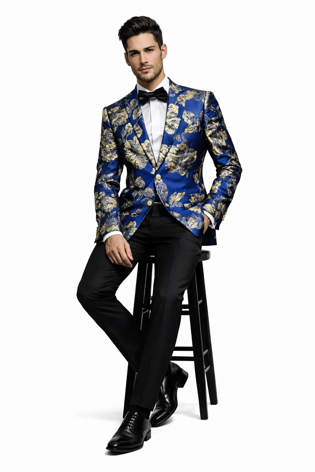 Mens Navy Blue and Gold Floral Tuxedo Jacket  Luxury Slim Fit Blazer with Gold Pattern Paisley Pattern Matching Bowtie