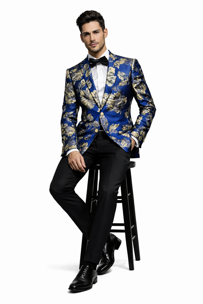 Mens Navy Blue and Gold Floral Tuxedo Jacket  Luxury Slim Fit Blazer with Gold Pattern Paisley Pattern Matching Bowtie