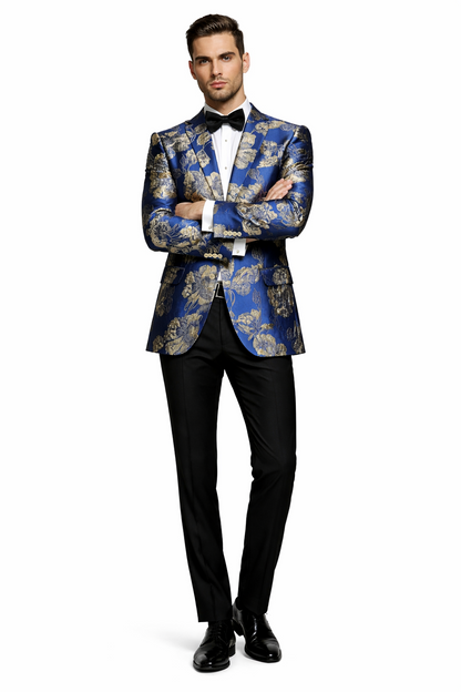 Mens Navy Blue and Gold Floral Tuxedo Jacket  Luxury Slim Fit Blazer with Gold Pattern Paisley Pattern Matching Bowtie
