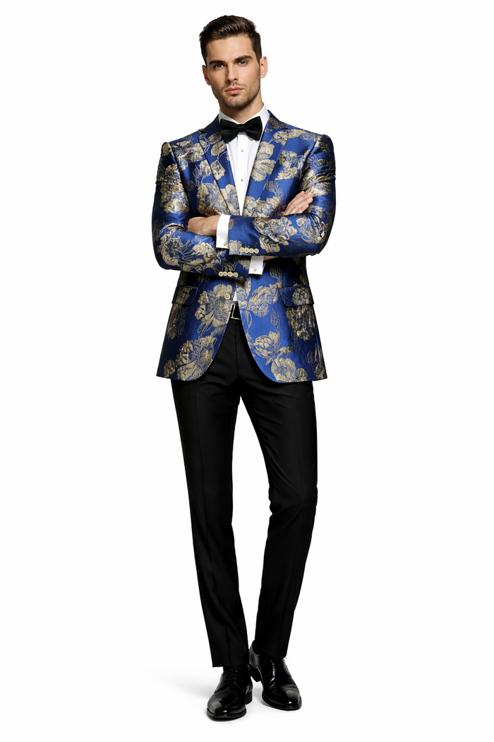Mens Navy Blue and Gold Floral Tuxedo Jacket  Luxury Slim Fit Blazer with Gold Pattern Paisley Pattern Matching Bowtie